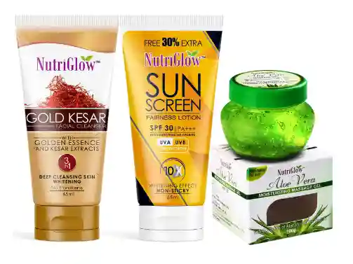  NutriGlow Gold Kesar Face Wash (65ml) With Sunscreen SPF 30 PA+++ (65ml) & Aloe Vera Gel (100g), Pack of 3 
